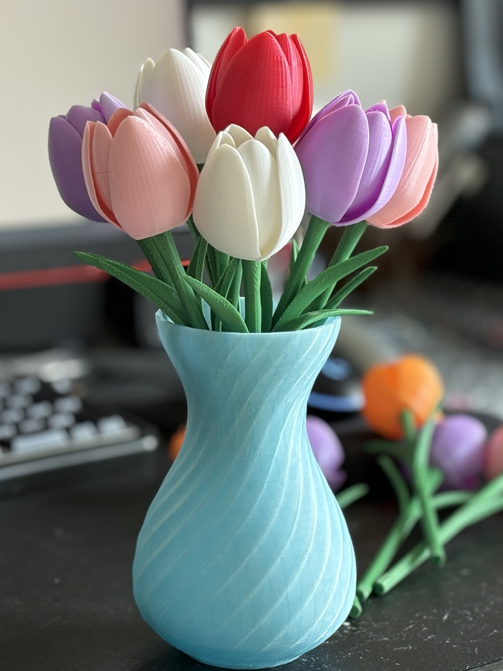Decorative Blue Vase with Multi-Color Tulip Bouquet
